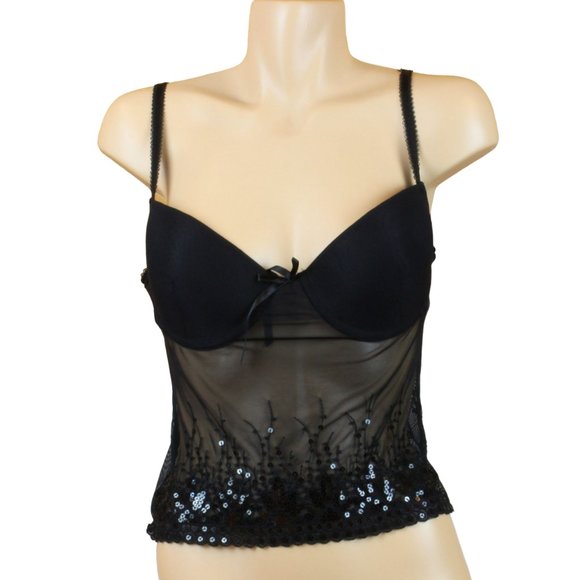 La Vie en Rose Sequin Camisole Size 36C Bra Top Sheer Nylon  Pull On Black B96 - Picture 1 of 7